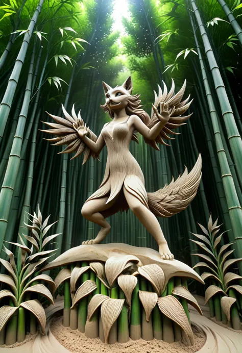 sand sculpture style,  the nine-tailed fox demon leaps lightly in the deep bamboo forest，nine tails as bright as flames swayed w...