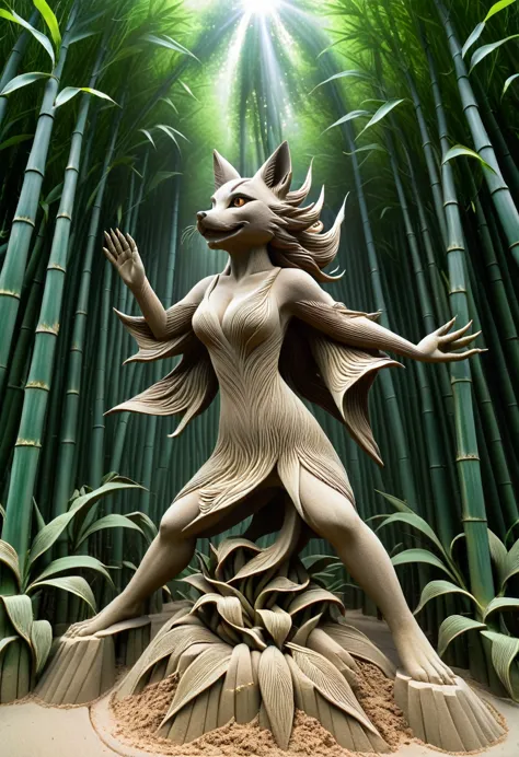 sand sculpture style,  the nine-tailed fox demon leaps lightly in the deep bamboo forest，nine tails as bright as flames swayed w...