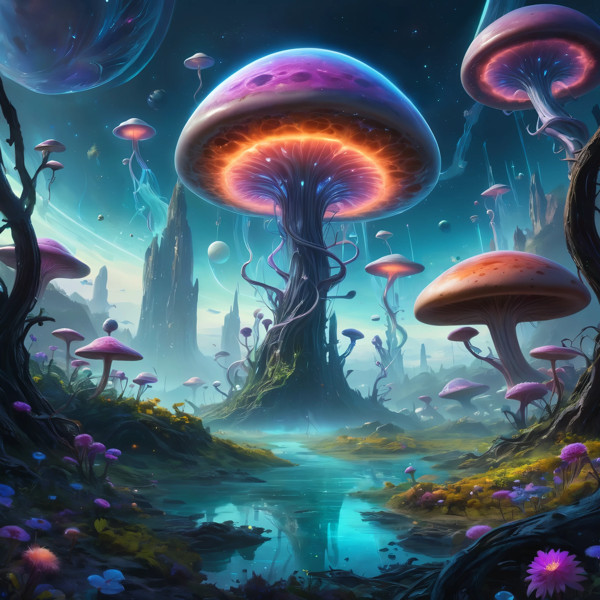 Create an incredibly mesmerizing and fantastical image depicting an "Alien Planet." Imagine a vast, otherworldly landscape that is both awe-inspiring and surreal. In the foreground, unique and vividly colored alien flora dominate the scene—giant, bioluminescent mushrooms, twisted trees with glowing leaves, and exotic flowers with iridescent petals.

The terrain is varied, featuring crystalline structures jutting out from the ground, rivers of liquid light flowing through the landscape, and floating islands hovering in the air, connected by beams of energy. The sky is a kaleidoscope of colors, with multiple moons and distant planets visible against a backdrop of swirling nebulae and countless stars.

In the background, an alien city rises, its architecture a blend of organic and technological elements, with towering spires, floating platforms, and luminescent pathways. Strange, ethereal creatures soar through the air, and the entire scene is bathed in a soft, otherworldly glow.

The overall color palette should be rich and diverse, with neon hues and contrasting shades to create a sense of wonder and alien beauty. The image should evoke a sense of exploration and discovery, capturing the breathtaking and mysterious essence of an alien planet.