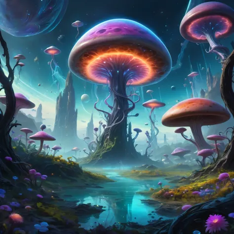 create an incredibly mesmerizing and fantastical image depicting an "alien planet." imagine a vast, otherworldly landscape that ...