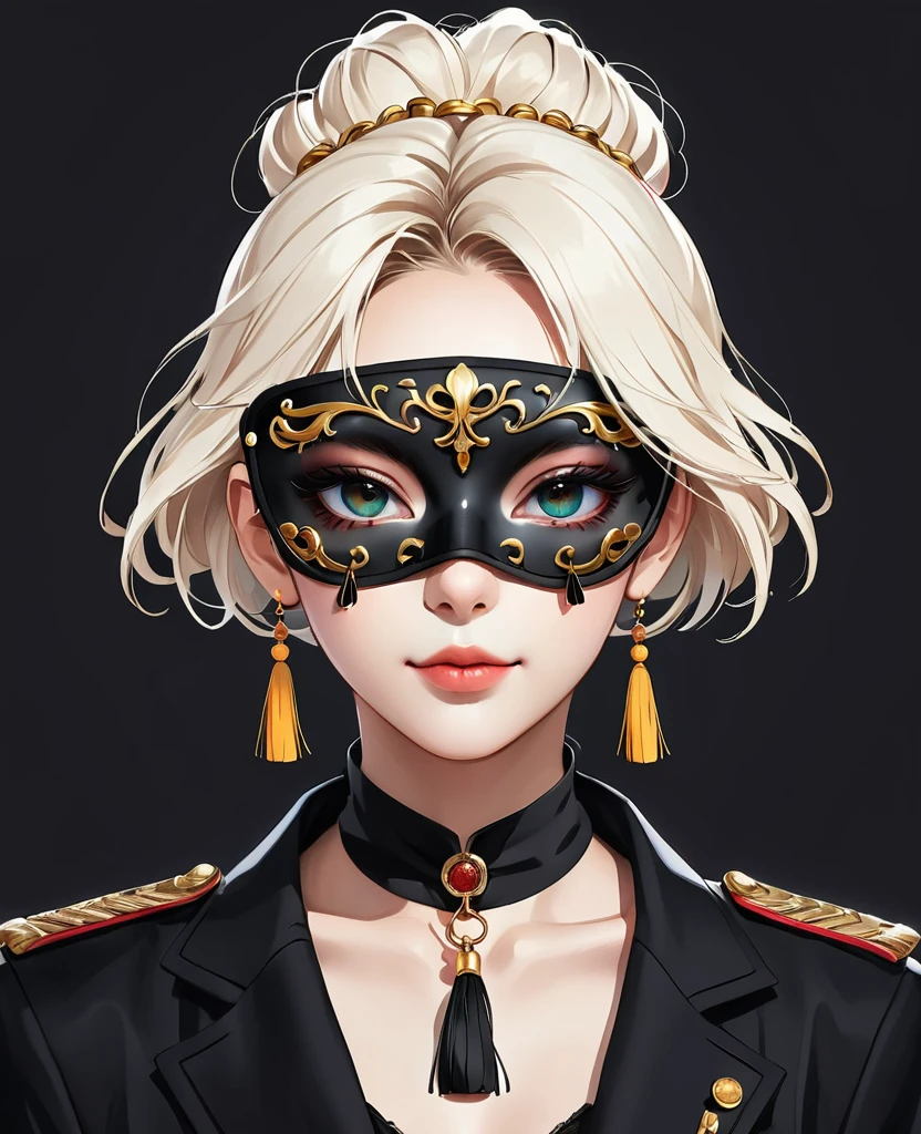 (Digital Illustration，Detailed anime style，Tassel-decorated eye mask，Portrait of girl wearing mask eye patch，Solitary，symmetry)，(Big colorful eyes，Fashionable and exquisite facial features，Exquisite makeup，Sweet smile，Soulful gaze，)，(Fluffy bun，Hairpin)，(Black suit，Epaulettes-Chain，cool，)，Clean and simple white background，(((Correct human anatomy)))