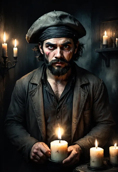 ((an anxious man Black single eye patch:1.4) , rough bearded face, wearing a hat, holding a candle, in a dark room, dramatic lig...