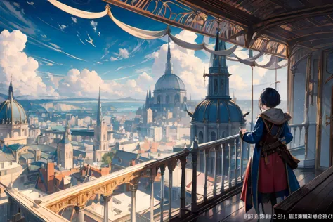 Spectacular view from the airship cabin, (Ultra-high resolution,8K),Fantasy, The world of picture books