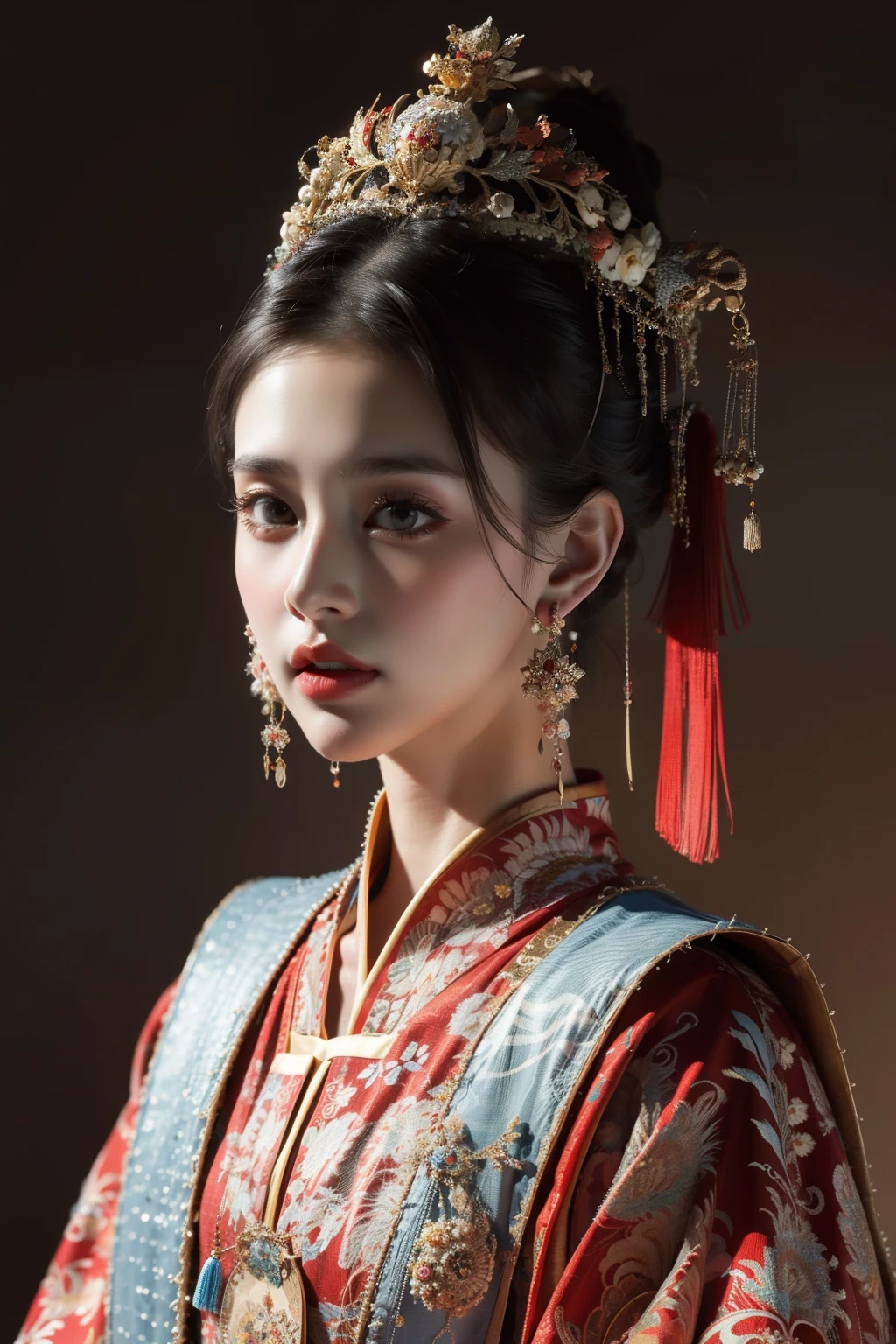 1 девочка, Женщина в красно-золотом китайском платье，Феникс Коронет，китайская свадьба，（шедевр，Максимальное количество，Лучшее качество，официальное искусство，красота и эстетика：1.2），，очень подробный，，Самый подробный，（ запутанный:1.2), Сияющая кожа, Ультрадетализированная текстура кожи，(несколько цветов:1.4), ,(серьги), (особенность:1.5), Сложный узор фона того же цвета，8К