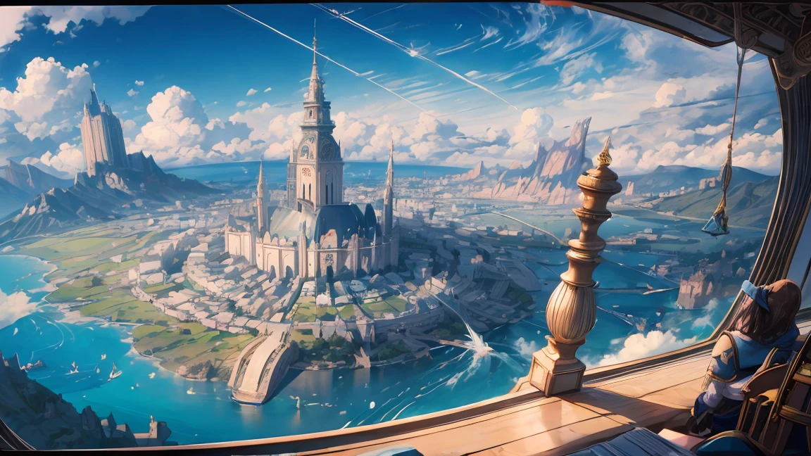 Spectacular view from the airship cabin, (Ultra-high resolution,8K),Fantasy, The world of picture books, Highest quality, Super detailed