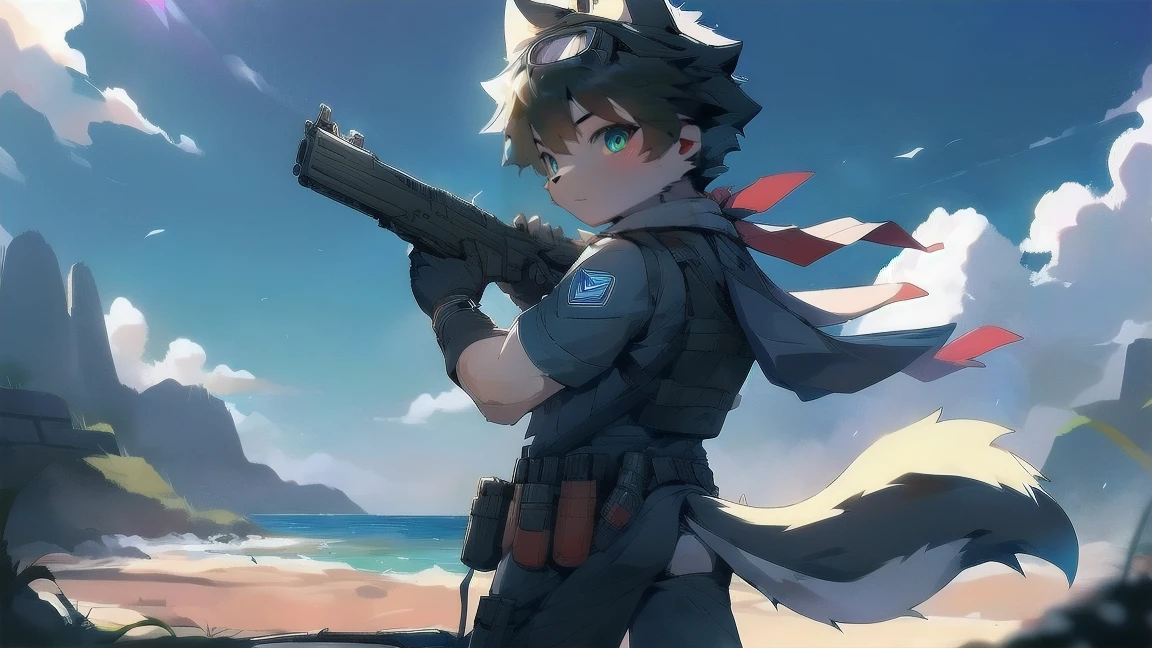 Lobo blanco, male, joven, elegante, anime male protagonist, pelo negro, orejas negras, peludo, ojos azul cielo, uniforme militar azul-negro, Brazalete, bufanda, viento, guantes negros, white peludo arms, portando un arma en la espalda con la culata expuesta, el cinturón de la pistola presionaba su ropa, usando gafas tácticas, cola de lobo, orejas de lobo, fuerzas especiales, comando, seguro