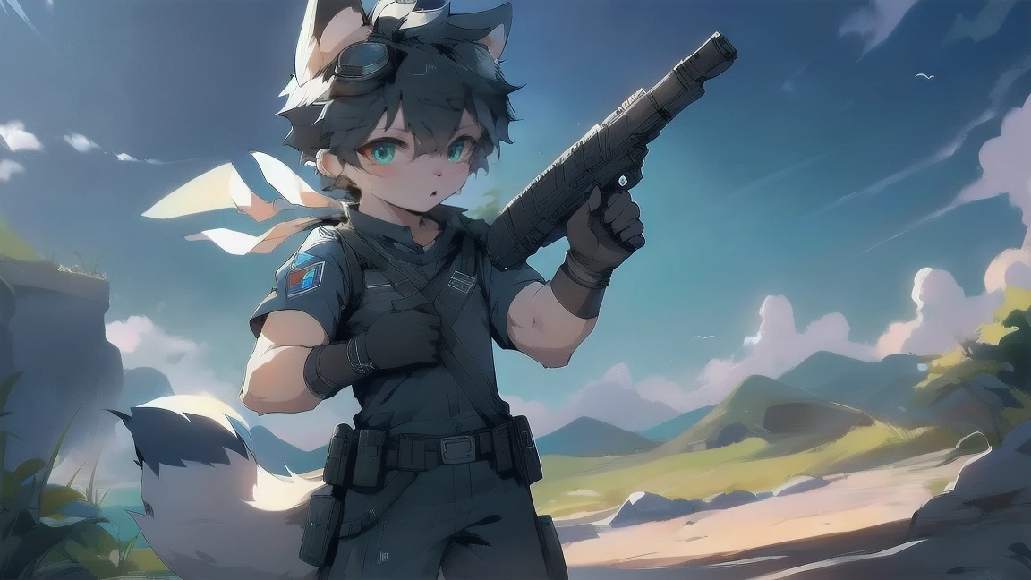 White wolf, male, young, handsome, anime male protagonist, black hair, black ears, furry, sky blue eyes, blue-black military uniform, armband, scarf, wind, black gloves, white furry arms, carrying a gun on his back with the butt exposed, the gun belt pressed on his clothes, wearing tactical goggles, wolf tail, wolf ears, special forces, commando, confident