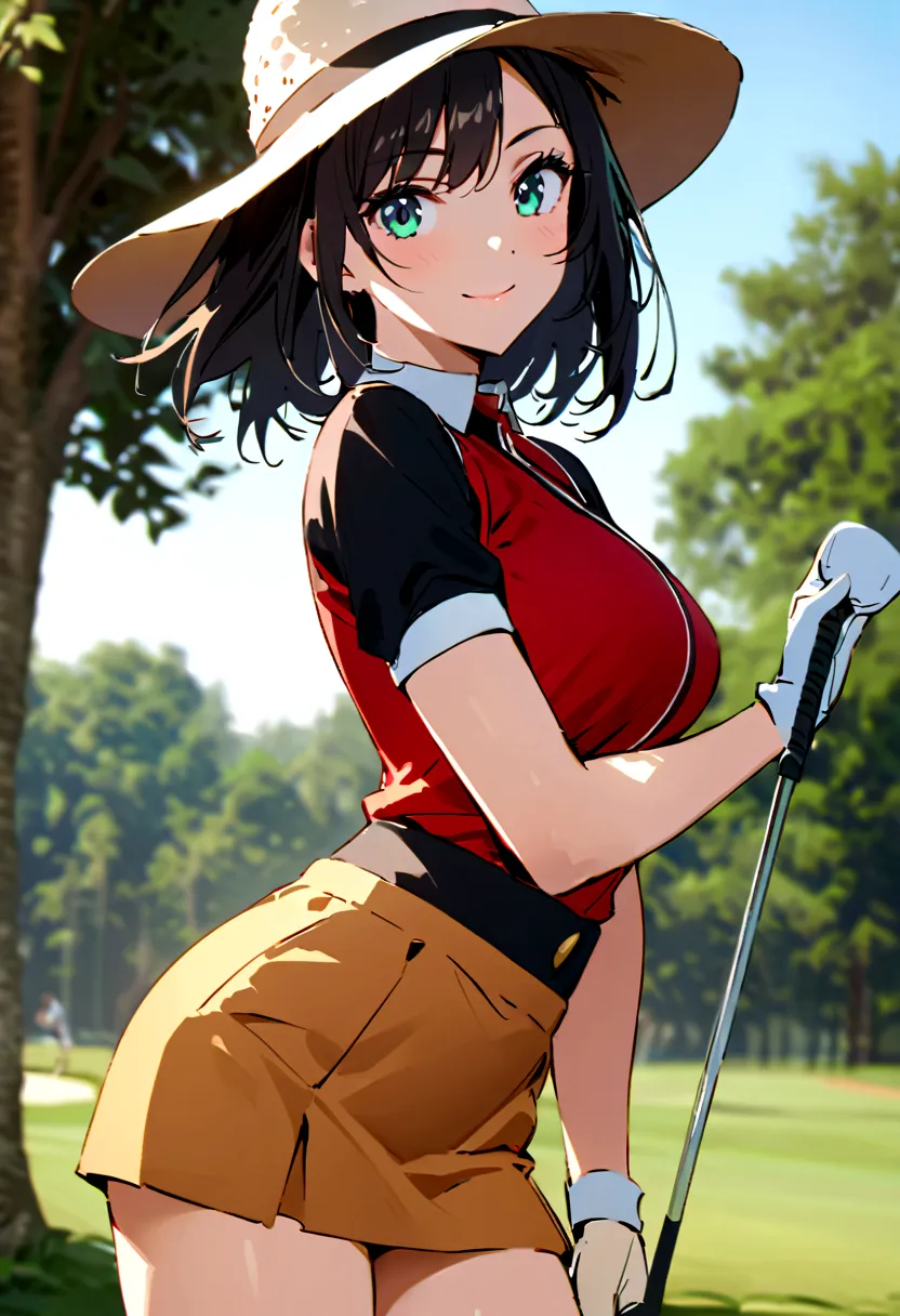 sound　high resolution　8k beauty　Woman playing golf　Golf course　Beautiful woman　Timid　Black Hair　　Golf Wear　mini skirt　smile　　loo...