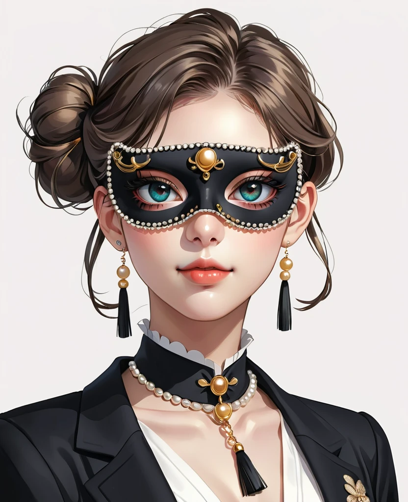 (illustration numérique，Style d&#39;anime détaillé，Masque pour les yeux à pompon perlé，Portrait d&#39;une jeune fille portant un masque pour les yeux，Solitaire，symétrie)，(De grands yeux colorés，Caractéristiques du visage à la mode et exquises，Maquillage exquis，doux sourire，Regard émouvant，)，(Chignon moelleux，épingle à cheveux)，(costume noir，Épaulettes-Chaîne，cool，)，Fond blanc propre et simple，(((corriger l&#39;anatomie humaine)))