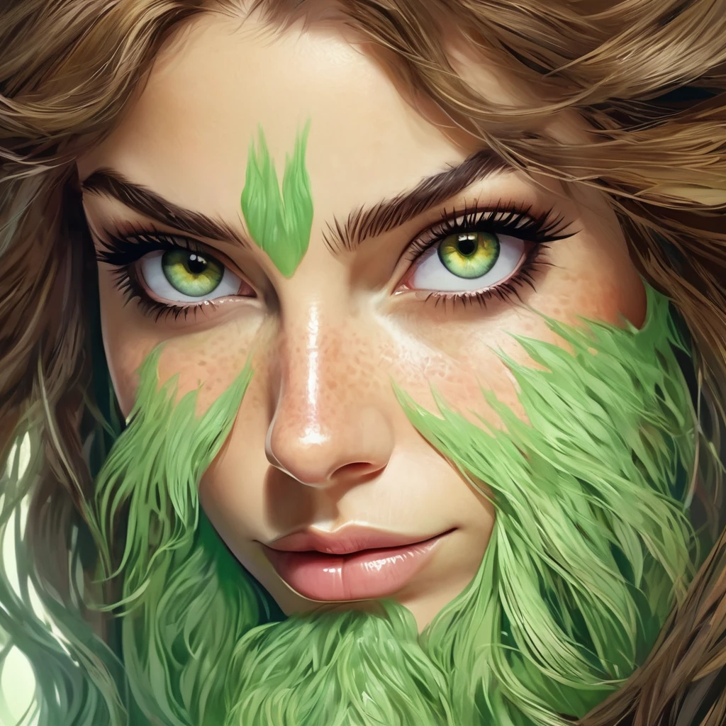 portrait ultra net, femme avec une énorme barbe hirsute sur les joues sous les yeux, cheveux bruns attachés, yeux vert clair, gros nez