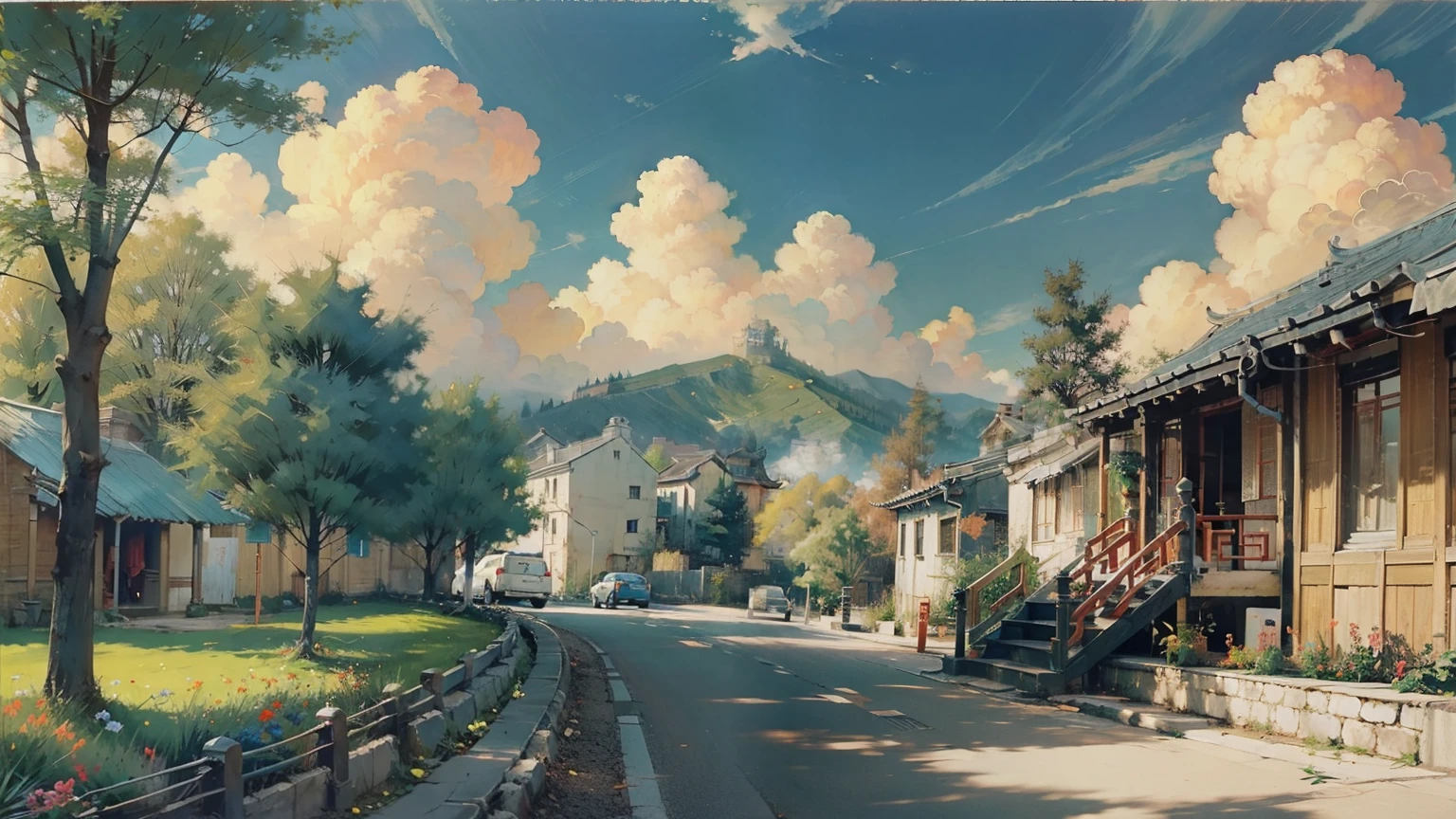 Oil_,architecture, Traditional Chinese Street,Sunlight, Flowers, Green Plants,((Blue sky)),((cloud)),