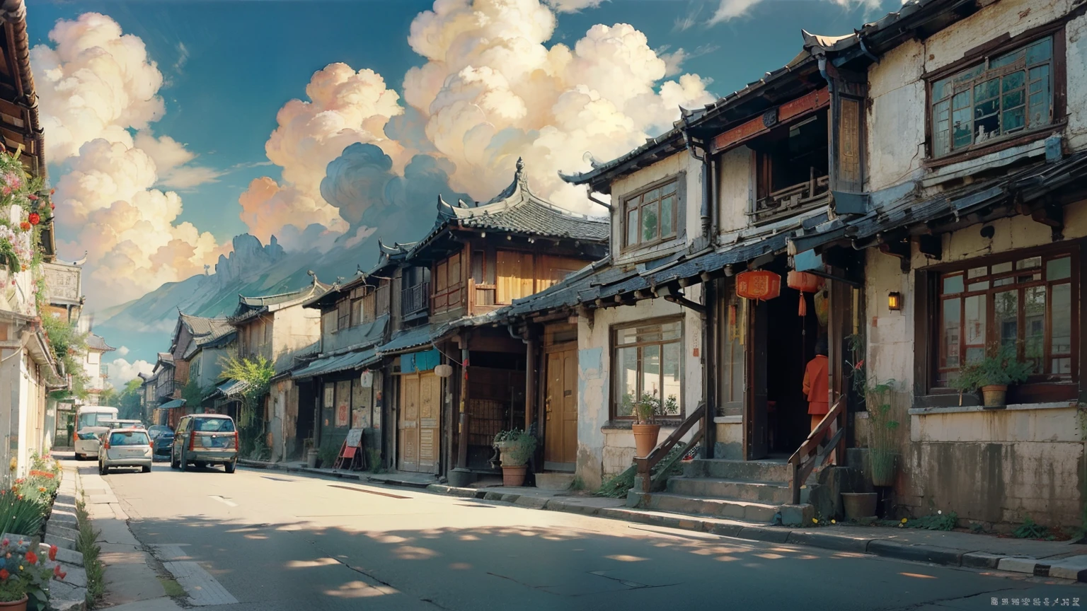 Oil_,architecture, Traditional Chinese Street,Sunlight, Flowers, Green Plants,((Blue sky)),((cloud)),