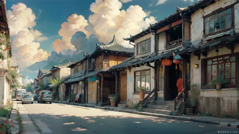 oil_,architecture, traditional chinese street,sunlight, flowers, green plants,((blue sky)),((cloud)),