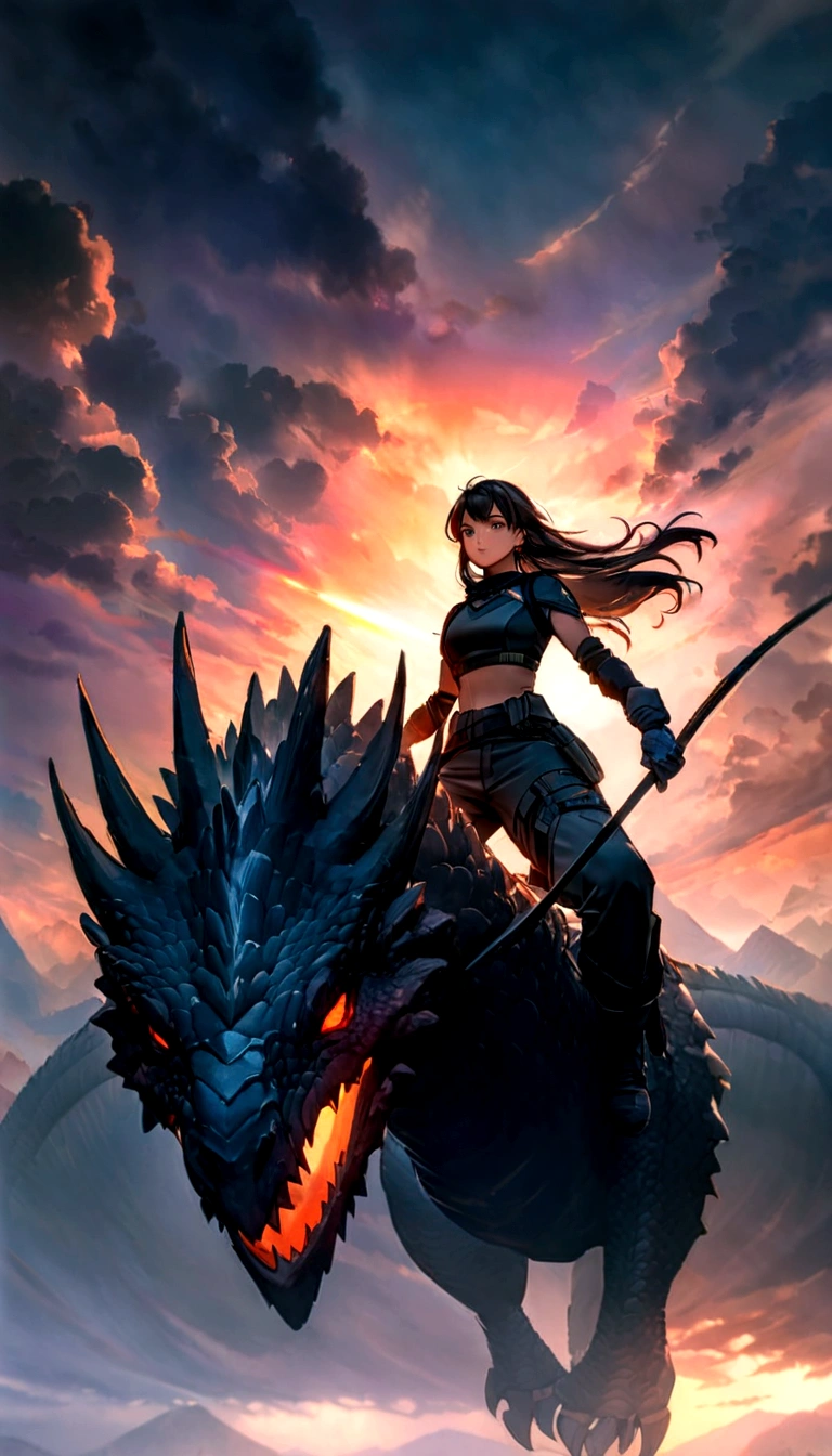 (top-quality, 8K, ?masterpiece:1.3) A portrait of an adventurous anime girl riding a majestic dragon through the skies. She wears a battle-ready outfit and has a determined expression. The background features a vast, mystical landscape with floating islands and a glowing sunset. The image should emphasize detailed scales on the dragon, her determined look, and the dynamic, magical atmosphere.