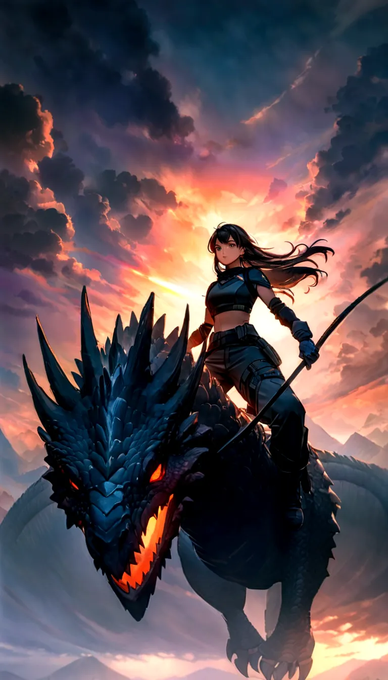 (top-quality, 8K, ?masterpiece:1.3) A portrait of an adventurous anime girl riding a majestic dragon through the skies. She wear...