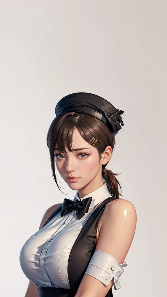 (（（Perfect body,White and tender skin,（（（Black strap dress, black long bow tie, white lining, black hat）））,（（（kobeni higashiyama, black hair, hair ornament, hairclip,  ponytail, short hair, (brown eyes:1.5),）））,((masterpiece)),highres,((Best quality at best)),masterpiece,quality,Best quality,(（（ Exquisite facial features,Looking at the audience,There is light in the eyes,(（（pain，endure））），）））,（（（Light and shadow,Huge breasts,）））,（（（Looking at the camera,White background)））)