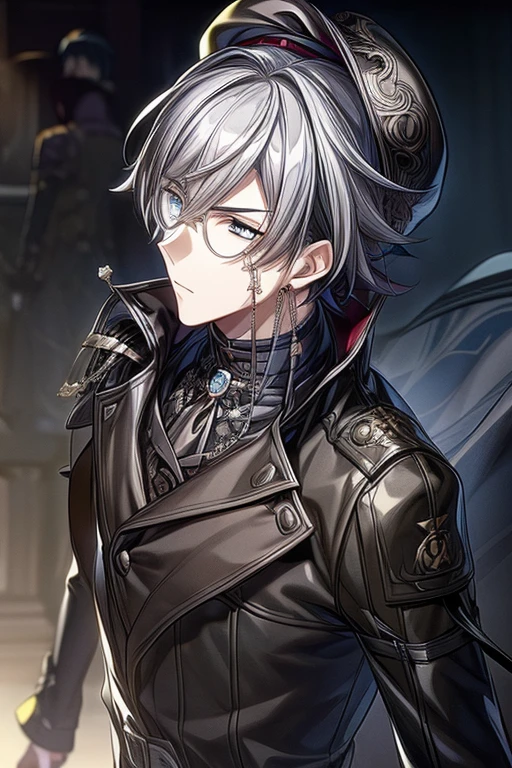 (masterpiece, best quality, perfect face, expressive eyes), 1boy, (anime), (male), grey hair, blue eyes, intricate details, (black trench coat), black suit, (black beret), (monocle), black globes, black sleeves,