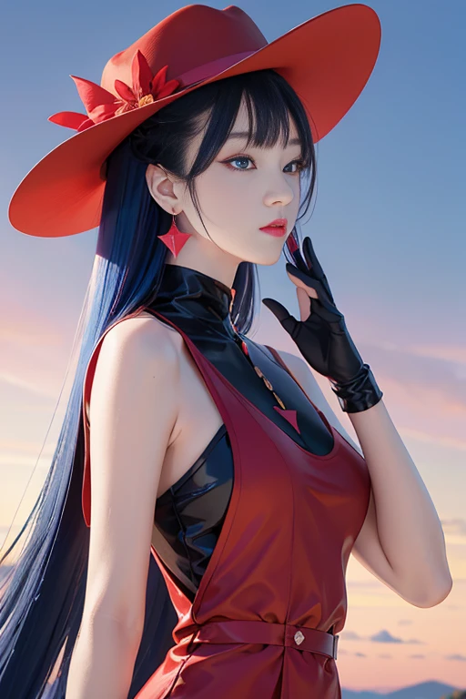 tsuruta ichiro, Narrow-eyed, 1girl in, Allback、Solo, Cowgirl, hat, red headwear、Red dress, ((mideum breasts)), (Super long hair:1.2), Thin slit eyes、blue grey eyes, Random colored hair, gloves, Dress, Jewelry, Upper body, earrings, sharp eye、Red Glove, elbow groves, Hand up, random color, random color dress, From Side, makeup, Slender eyes、lip stick, Complex petal pattern, Rim Light, Back Light, pastel color,