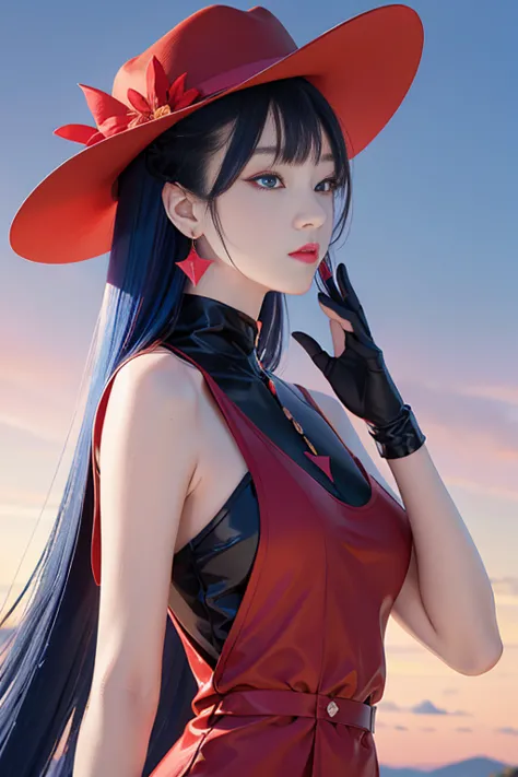 tsuruta ichiro, Narrow-eyed, 1girl in, Allback、Solo, Cowgirl, hat, red headwear、Red dress, ((mideum breasts)), (Super long hair:...