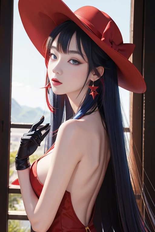 tsuruta ichiro, Narrow-eyed, 1girl in, Allback、Solo, Cowgirl, hat, red headwear、Red dress, ((mideum breasts)), (Super long hair:1.2), Thin slit eyes、blue grey eyes, Random colored hair, gloves, Dress, Jewelry, Upper body, earrings, sharp eye、Red Glove, elbow groves, Hand up, random color, random color dress, From Side, makeup, Slender eyes、lip stick, Complex petal pattern, Rim Light, Back Light, pastel color,