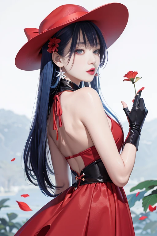 tsuruta ichiro, Narrow-eyed, 1girl in, Allback、Solo, Cowgirl, hat, red headwear、Red dress, ((mideum breasts)), (Super long hair:1.2), Thin slit eyes、blue grey eyes, Random colored hair, gloves, Dress, Jewelry, Upper body, earrings, sharp eye、Red Glove, elbow groves, Hand up, random color, random color dress, From Side, makeup, Slender eyes、lip stick, Complex petal pattern, Rim Light, Back Light, pastel color,