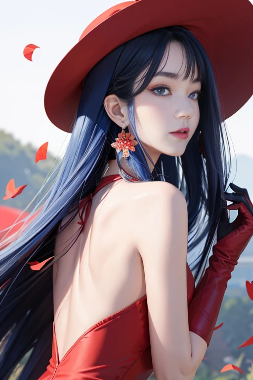 tsuruta ichiro, Narrow-eyed, 1girl in, Allback、Solo, Cowgirl, hat, red headwear、Red dress, ((mideum breasts)), (Super long hair:1.2), Thin slit eyes、blue grey eyes, Random colored hair, gloves, Dress, Jewelry, Upper body, earrings, sharp eye、Red Glove, elbow groves, Hand up, random color, random color dress, From Side, makeup, Slender eyes、lip stick, Complex petal pattern, Rim Light, Back Light, pastel color,