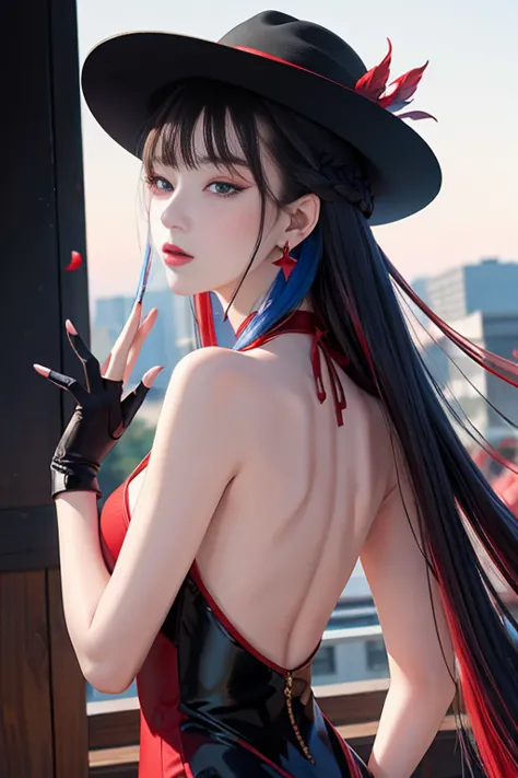 tsuruta ichiro, Narrow-eyed, 1girl in, Allback、Solo, Cowgirl, hat, red headwear、Red dress, ((mideum breasts)), (Super long hair:...