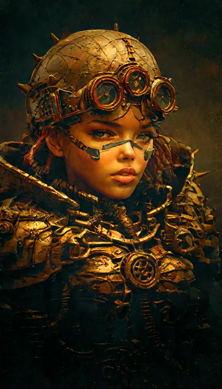 ((a steampunk girl with an eye patch:1.5)), beautiful detailed eyes, beautiful detailed lips, extremely detailed face, long eyelashes, intricate mechanical eye patch, gears, cogs, brass, copper, leather, fantasy, cinematic lighting, dramatic shadows, muted colors, digital painting, concept art, highly detailed, 8k, photorealistic