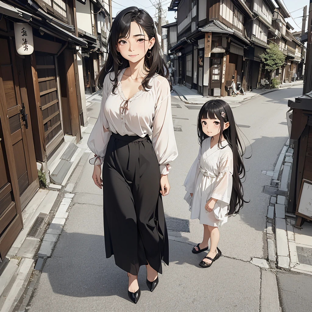 ((Highest quality)), ((8K)), ((masterpiece:1.3)), (Perfect look), (Photorealism:1.6), (One Japanese Mature), (A woman walking through an old street lined with Japanese houses), (Tenement houses on both sides of the road), Blurred Background, (PT, JMA), ((画面中央にOne Japanese Mature)), ((Realistic skin texture)), (Fine wrinkles all over the skin:1.3), (Dull skin:1.1), (Unmoisturized skin:1.2), (Facial wrinkles:0.9), (Wrinkles around the eyes:1.2), double eyelid, Tear bags on the lower eyelids, (Crying Mole:0.9), The eyes are watching me, Serious look, (Dimples on cheeks:1.2), (Short bangs:1.2), Long hair with curled ends, (Hair over the ears), Smiling with the corners of his mouth turned up, (Red blouse), (Black long skirt), Soft fabric blouse, (Wide-necked blouse: 1.4), Wide sleeves, Cuffs that fit snugly around the wrist, Long Skirt, Small breasts, (Salmon pink lips), (Red high heels：1.2), (Standing posture, Full body portrait：1.4), (Angle from the feet：1.4),