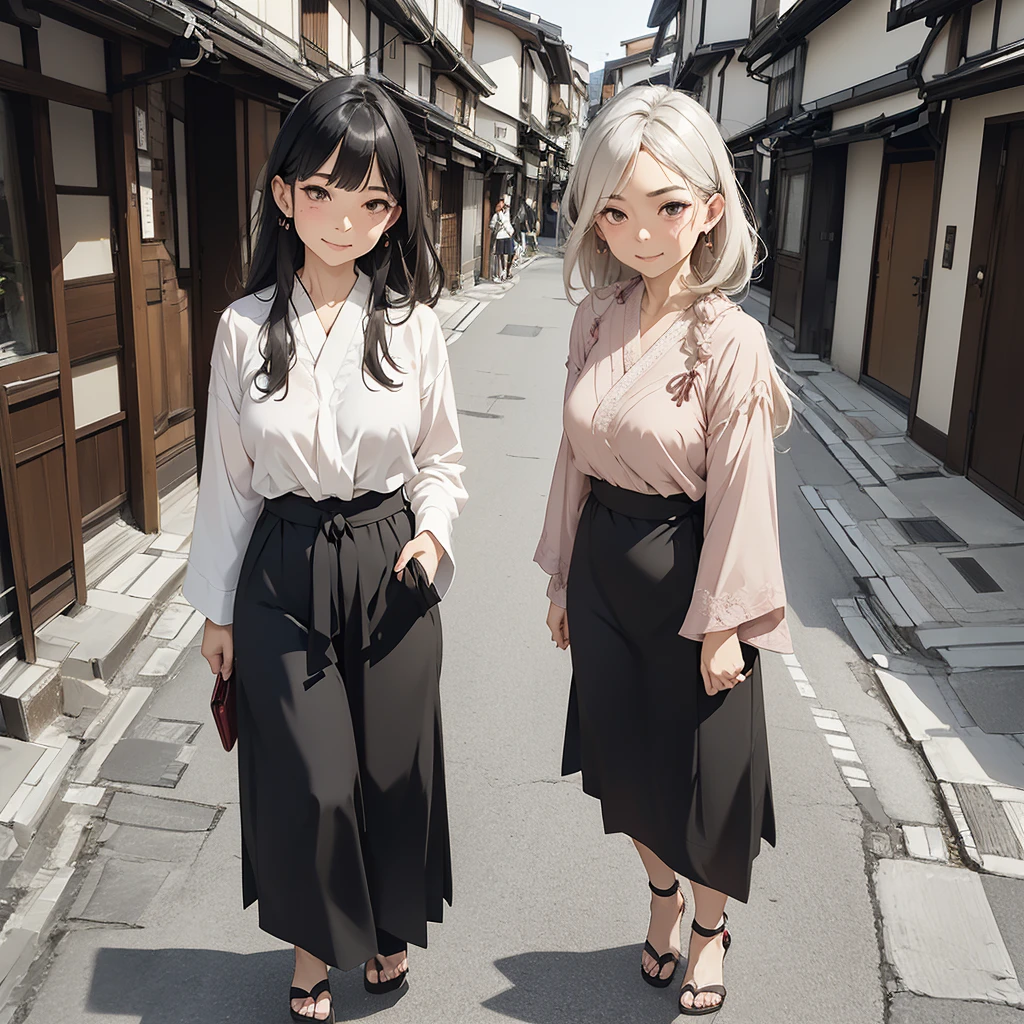 ((Highest quality)), ((8K)), ((masterpiece:1.3)), (Perfect look), (Photorealism:1.6), (One Japanese Mature), (A woman walking through an old street lined with Japanese houses), (Tenement houses on both sides of the road), Blurred Background, (PT, JMA), ((画面中央にOne Japanese Mature)), ((Realistic skin texture)), (Fine wrinkles all over the skin:1.3), (Dull skin:1.1), (Unmoisturized skin:1.2), (Facial wrinkles:0.9), (Wrinkles around the eyes:1.2), double eyelid, Tear bags on the lower eyelids, (Crying Mole:0.9), The eyes are watching me, Serious look, (Dimples on cheeks:1.2), (Short bangs:1.2), Long hair with curled ends, (Hair over the ears), Smiling with the corners of his mouth turned up, (Red blouse), (Black long skirt), Soft fabric blouse, (Wide-necked blouse: 1.4), Wide sleeves, Cuffs that fit snugly around the wrist, Long Skirt, Small breasts, (Salmon pink lips), (Red high heels：1.2), (Standing posture, Full body portrait：1.4), (Angle from the feet：1.4),