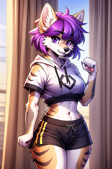 cel shading, detailed eyes, best quality, highly detailed, masterpiece, best quality, solo female, white wolf fursona, purple ey...