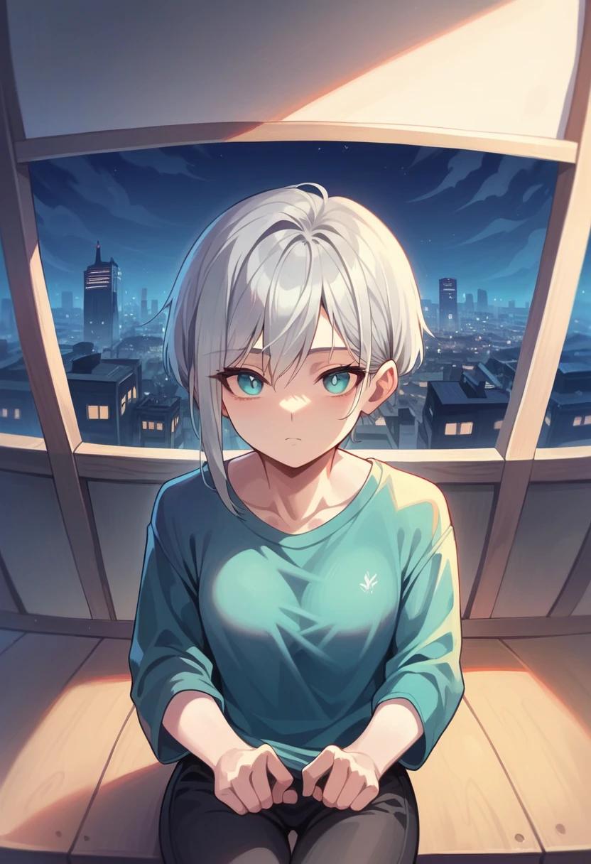 (masterpiece), Highest quality, Cyan eyes, Light grey hair, Expressive eyes, Jorhaya, Sitting in a high-rise apartment room, Night Sky, Cityscape, View your viewers, City lights, window, highlight, Dramatic Light, Calm face,