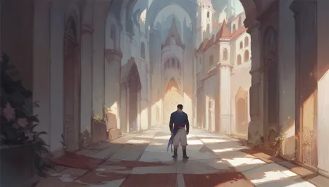 handsome young man alone sad and melancholy in half profile in a castle corridor