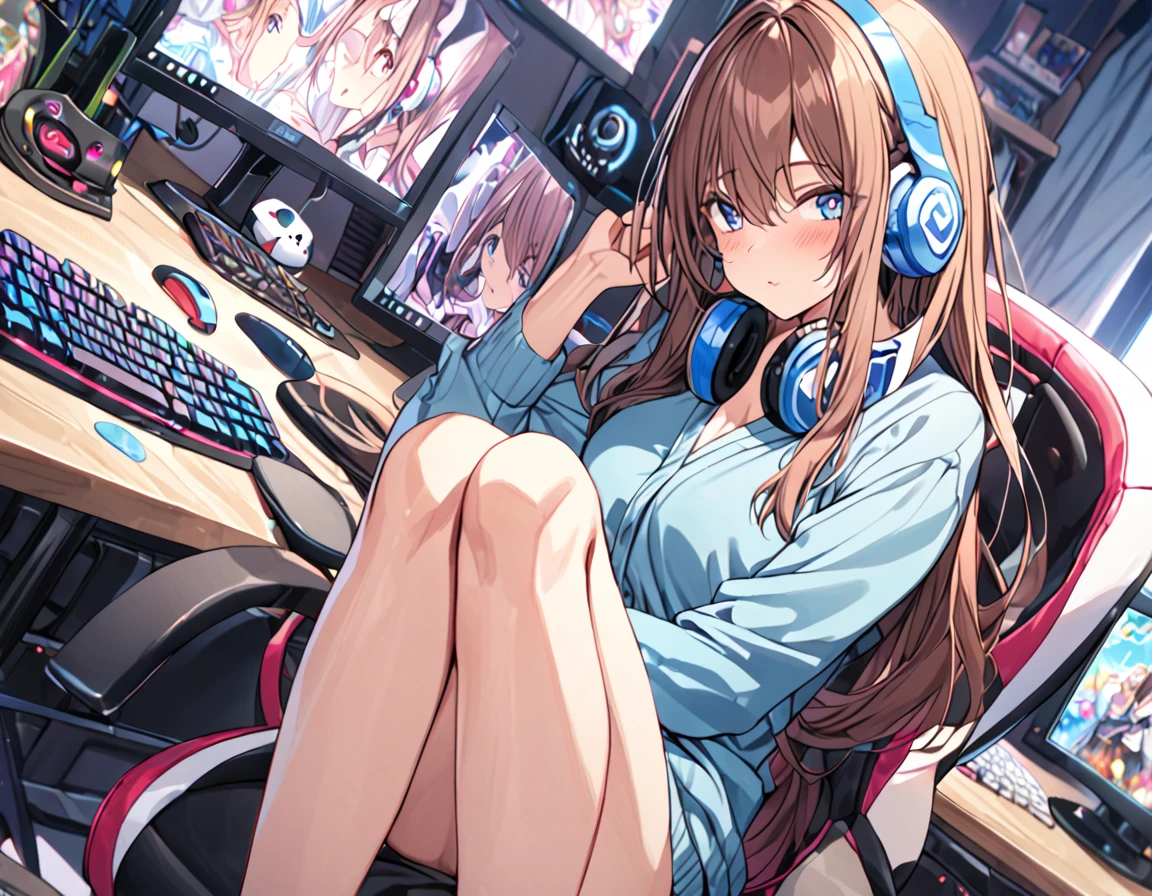 (A girl lounging in her bedroom), (a PC monitor turned on, a gaming chair), (a cluttered room), (fetal position), (perfect face), Sparkling, (masterpiece, best quality), (absurdres absolutely resolution), (8k), (detailed illustration), (super fine illustration), (professional lighting), (vivid color), detailed beatiful face, detailed beatiful eyes, detailed beatiful hair, perfect body, perfect hands, dynamic pose, dutch angle}, , looking at viewer, miku nakano, long hair, bangs, blue eyes, brown hair, shirt, hair between eyes, cardigan, headphones around neck, mature female, medium breasts