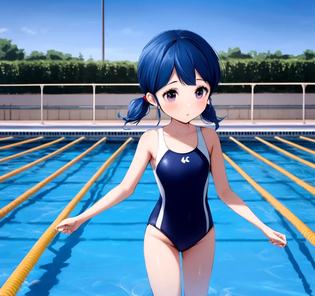 marinette dupain cheng 14 years old little girls wearing an adjustable one-piece swimsuit at the school swimming pool in paris f...