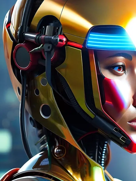 beautiful cyborg pilot girl in a cyberpunk latex suit, standing in front of a large golden red robot, 8k, 4k, detailed, hyper re...