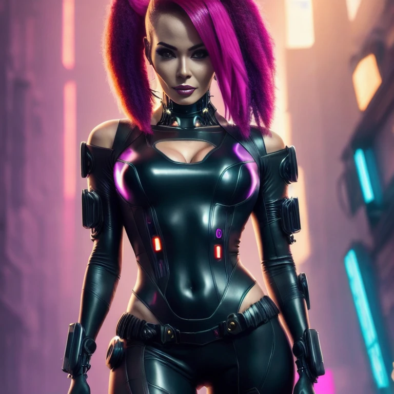 a close up of a woman in a wetsuit posing for a picture, super villain, park black leather costume, full-cosplay, cosplay, dressed in black leather, leather body suit, wearing atsuko kudo latex outfit, professional cosplay, villainess, wearing black latex outfit, cleavage, necklace, (cyberpunk background:1.5)