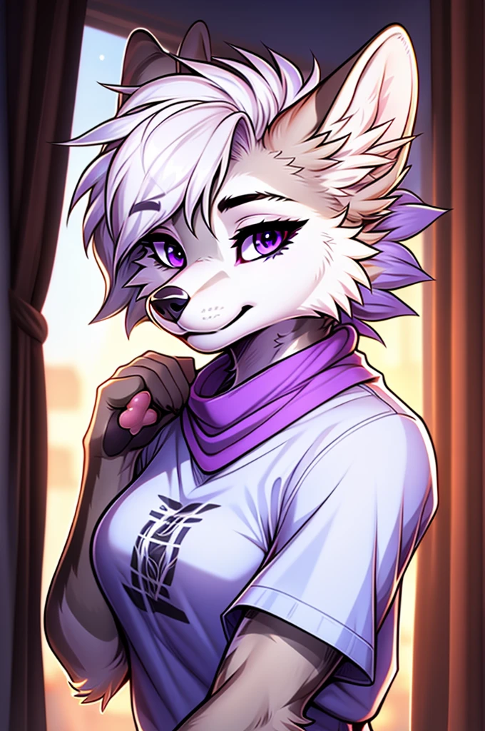 cel shading, detailed eyes, best quality, highly detailed, masterpiece, best quality, solo female, white wolf fursona, purple eyes, blunt bangs, curtain bangs, sidelocks, short hair,  paw pose, bust shot, looking at viewer, white hair, tshirt,  bandana around neck