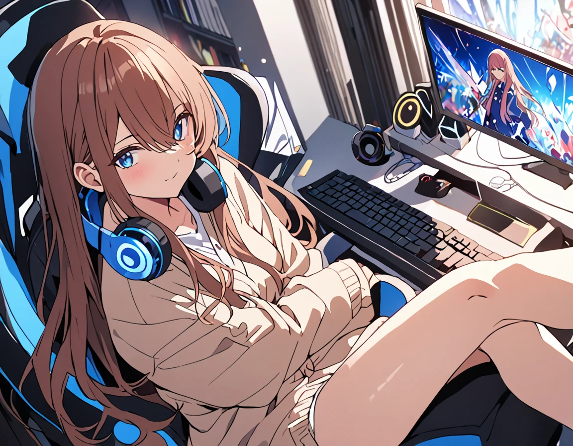 (A girl lounging in her bedroom), (a PC monitor turned on, a gaming chair), (a cluttered room), (fetal position), (perfect face), Sparkling, (masterpiece, best quality), (absurdres absolutely resolution), (8k), (detailed illustration), (super fine illustration), (professional lighting), (vivid color), detailed beatiful face, detailed beatiful eyes, detailed beatiful hair, perfect body, perfect hands, dynamic pose, dutch angle}, , looking at viewer, miku nakano, long hair, bangs, blue eyes, brown hair, shirt, hair between eyes, cardigan, headphones around neck, mature female, medium breasts
