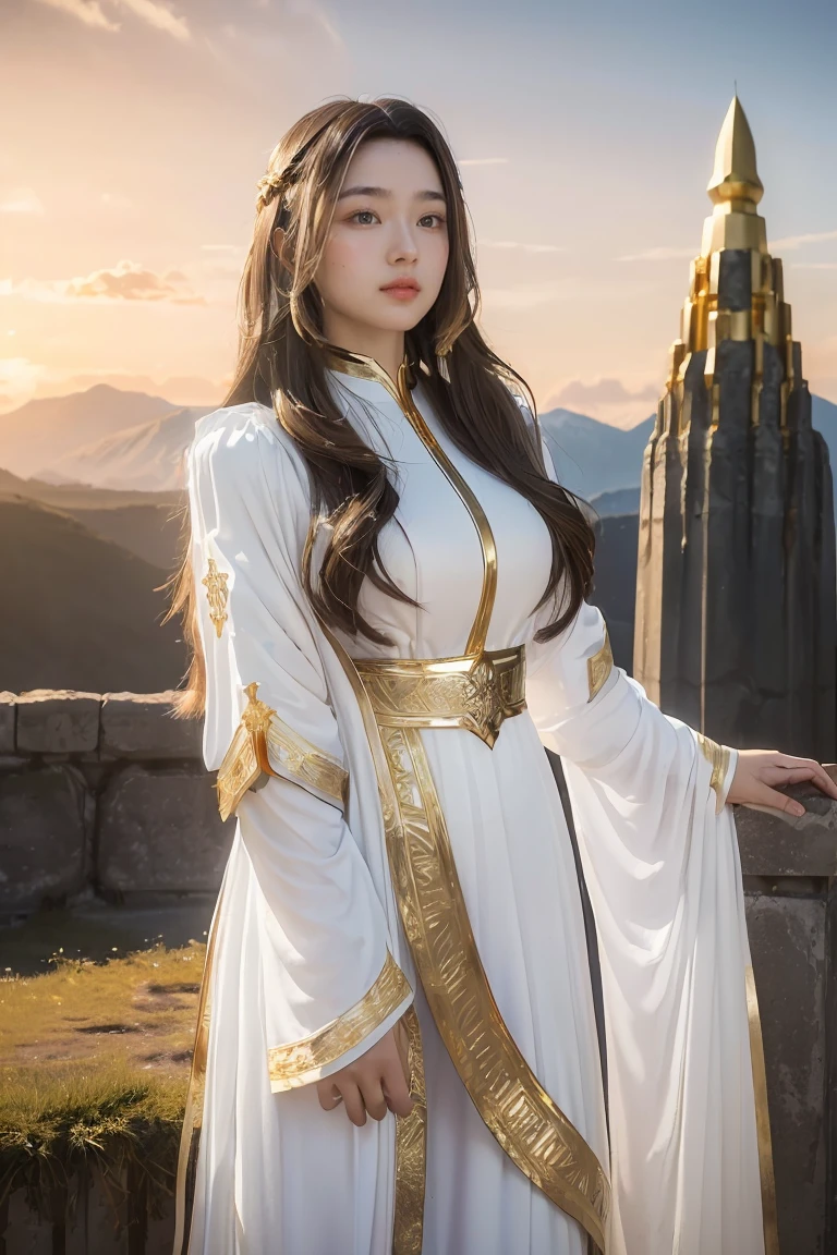 ((masterpiece, best quality, extremely detailed), volumetric lighting, ambient occlusion, colorful, glowing), 1girl, solo, young girl, (dark hair), long hair, halo, aura, sacred, goddess, cleric suit, (white outfit with gold detailst:1.3), armor, outdoors, sunset, sky, clouds, space, (fantasy theme:1.2),