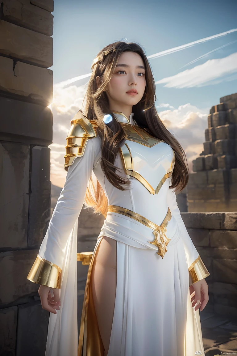 ((masterpiece, best quality, extremely detailed), volumetric lighting, ambient occlusion, colorful, glowing), 1girl, solo, young girl, (dark hair), long hair, halo, aura, sacred, goddess, cleric suit, (white outfit with gold detailst:1.3), armor, outdoors, sunset, sky, clouds, space, (fantasy theme:1.2),