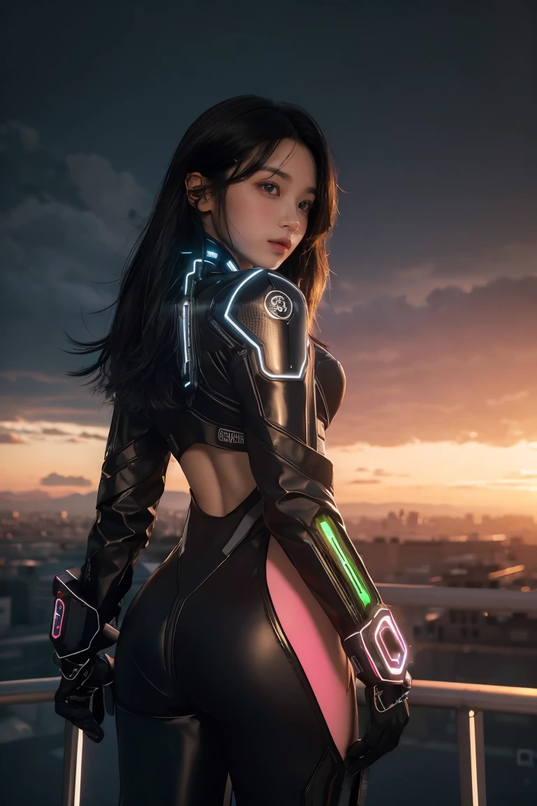 ((masterpiece, best quality, extremely detailed), volumetric lighting, ambient occlusion, colorful, glowing), 
1girl, solo, young girl, (dark hair), long hair, halo, aura, sacred, godness, cyber suit, (black outfit:1.3), android, bot, cybernetic wings,
outdoors, sunset, sky, clouds, space, (cyberpunk theme:1.2),