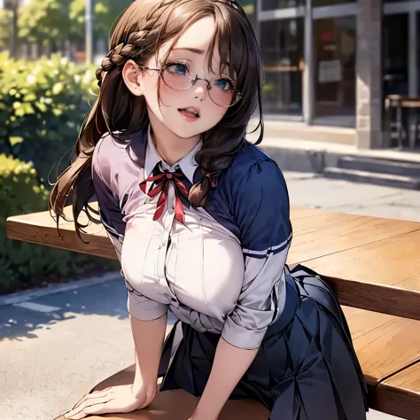 ((braid, glasses, pleated skirt, ribbon)), (((round face))), ((eyes with realistic sizing, drooping eyes, blush, shame smile, th...