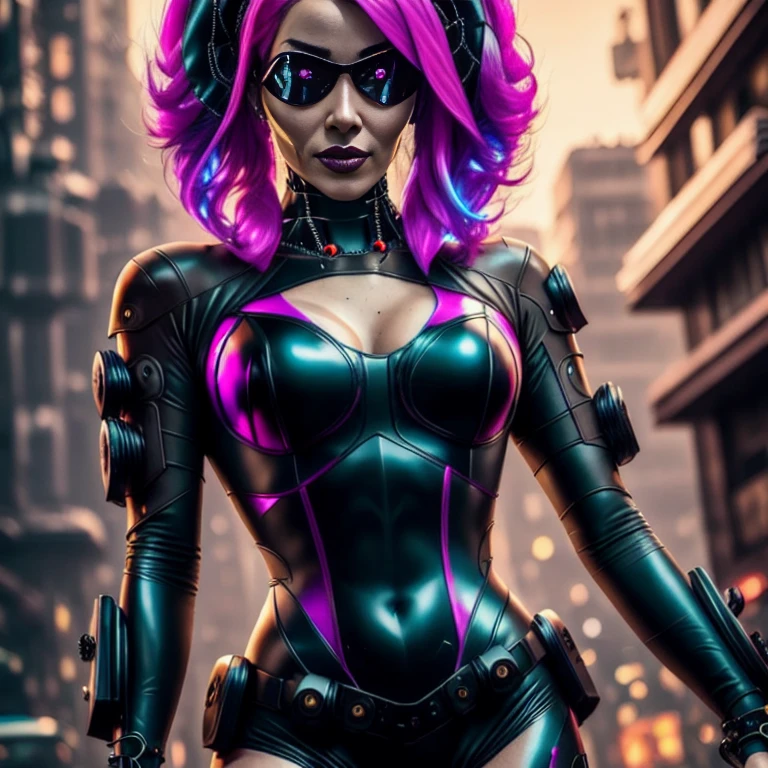 a close up of a woman in a wetsuit posing for a picture, super villain, park black leather costume, full-cosplay, cosplay pink hair, dressed in black leather, leather body suit, wearing atsuko kudo latex outfit, professional cosplay, villainess, wearing black latex outfit, cleavage, necklace, (cyberpunk background:1.5)