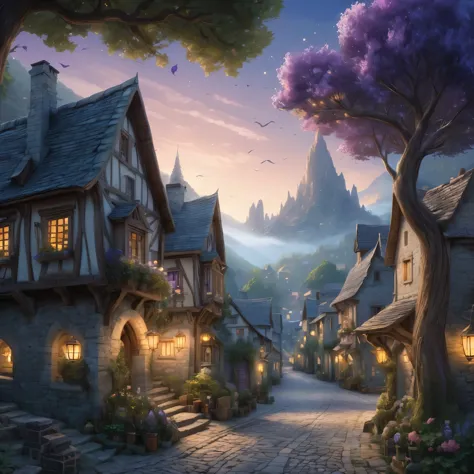 Create an incredibly enchanting and visually stunning image of an "Ancient Otherworldly Little Town." Imagine a secluded, mystic...
