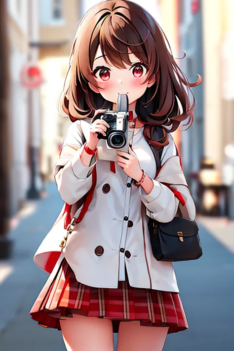 One girl, View Viewer,Taking a selfie with a camera_looking at the camera,Red eyeshadow, Brown Hairロングヘアー,Korean beauty style,Fe...
