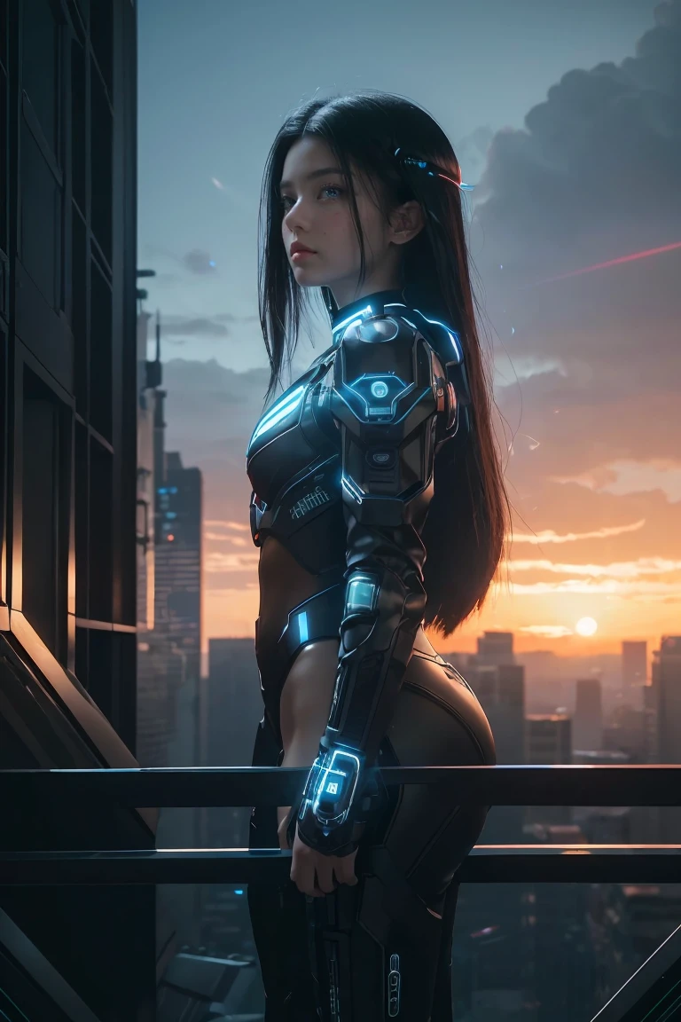 ((masterpiece, best quality, extremely detailed), volumetric lighting, ambient occlusion, colorful, glowing), 
1girl, solo, young girl, (dark hair), long hair, halo, aura, sacred, godness, cyber suit, (black outfit:1.3), android, bot, cybernetic wings,
outdoors, sunset, sky, clouds, space, (cyberpunk theme:1.2),