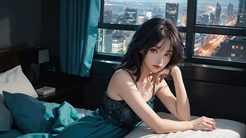 ((High quality, 8k, perfect quality, realistic)), beautiful, perfect face, gazing out the window, nighttime, ((dark room)), Before sleeping, restless, short nightgown, staring at the window, city night view, hair color black and cyan, night city, pemandangan bokong