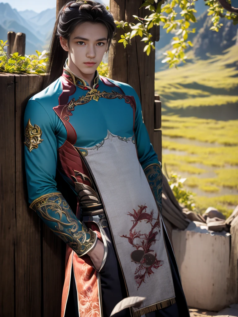 handsome young man Wearing a green traditional Chinese costume, the willow tree