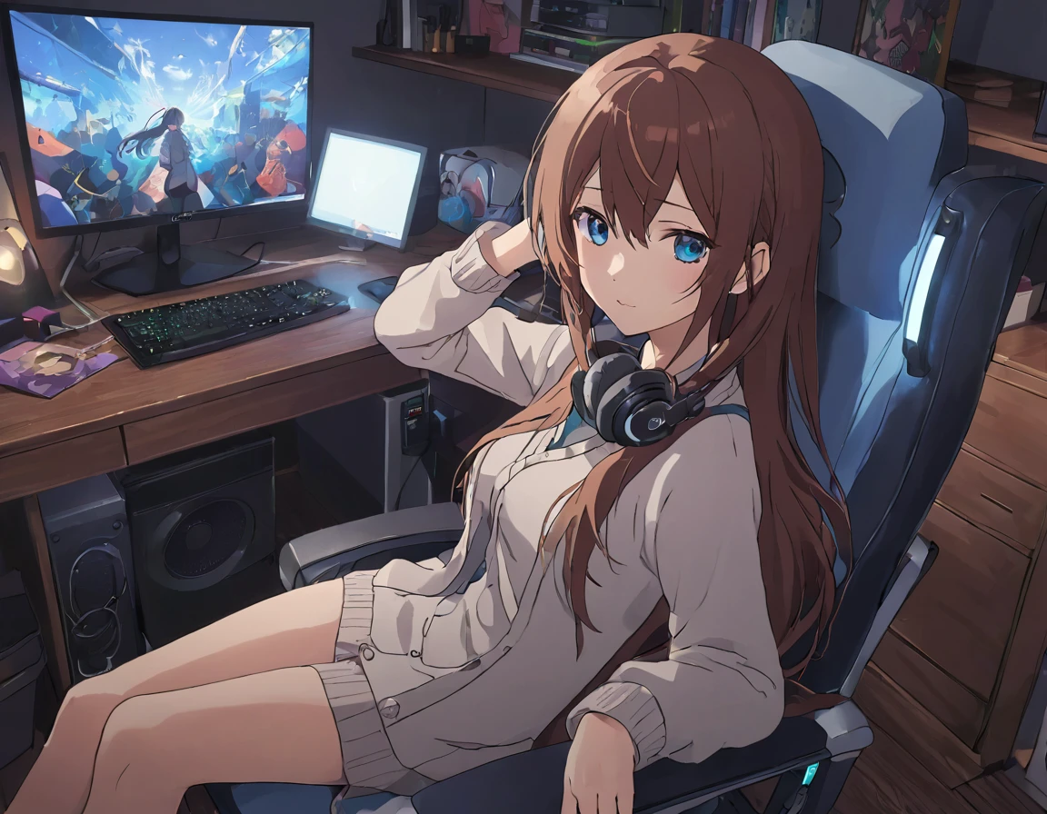 (A girl lounging in her bedroom), (a PC monitor turned on, a gaming chair), (a cluttered room), (fetal position), (perfect face), Sparkling, (masterpiece, best quality), (absurdres absolutely resolution), (8k), (detailed illustration), (super fine illustration), (professional lighting), (vivid color), detailed beatiful face, detailed beatiful eyes, detailed beatiful hair, perfect body, perfect hands, dynamic pose, dutch angle}, , looking at viewer, miku nakano, long hair, bangs, blue eyes, brown hair, shirt, hair between eyes, cardigan, headphones around neck, mature female, medium breasts
